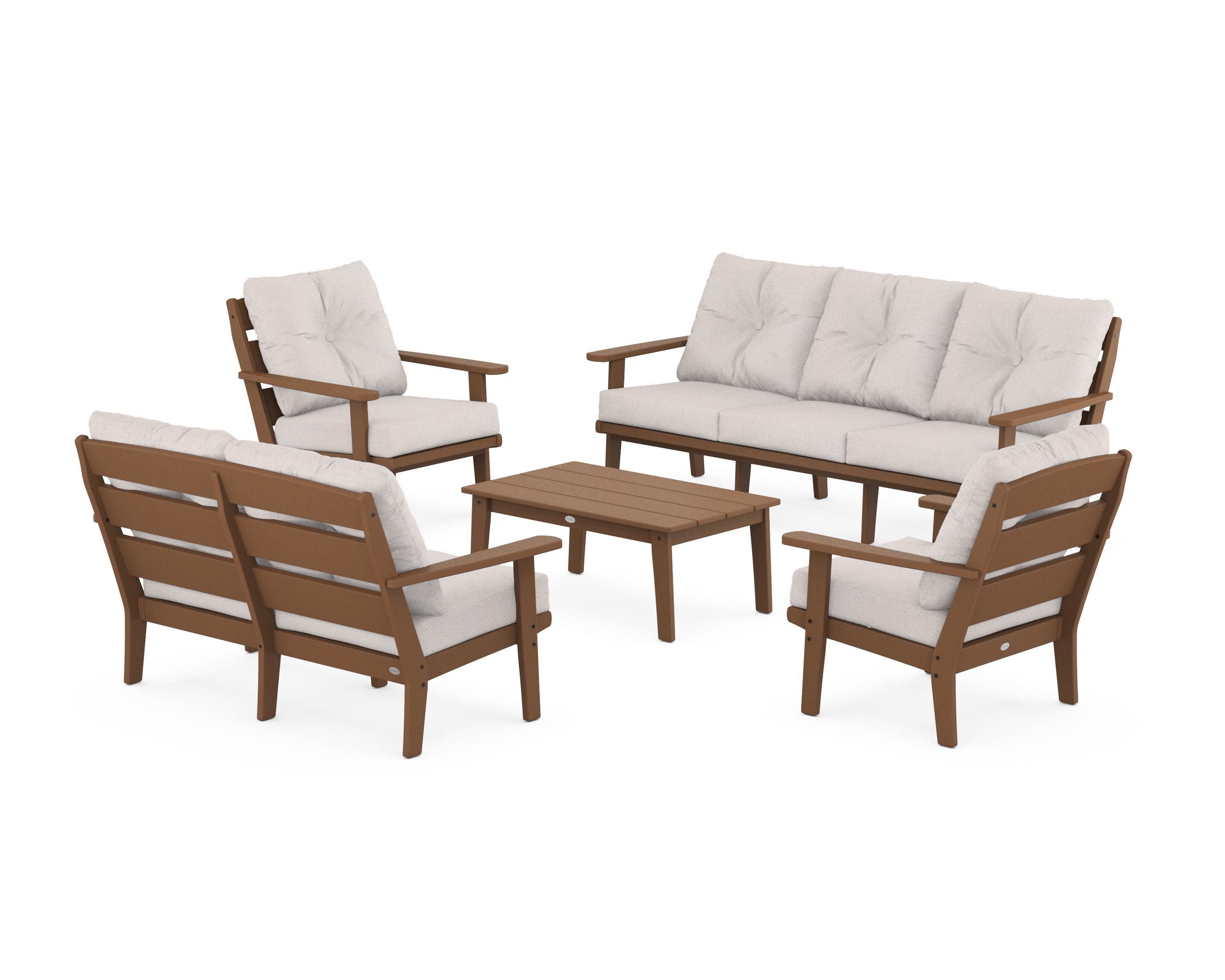 POLYWOOD® Lakeside 5-Piece Lounge Sofa Set in Teak / Dune Burlap