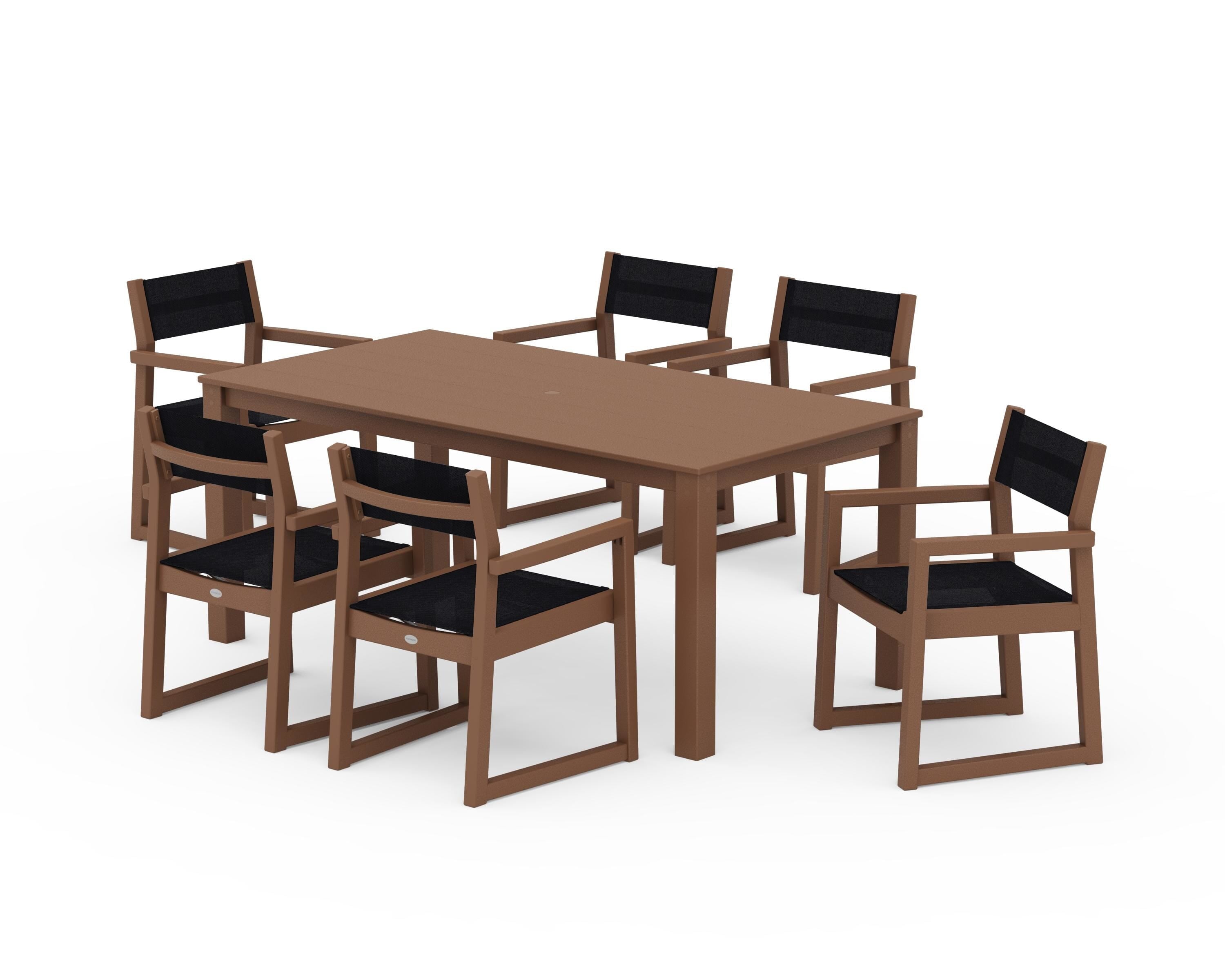 POLYWOOD® EDGE Sling Arm Chair 7-Piece Parsons Dining Set in Teak / Black Sling
