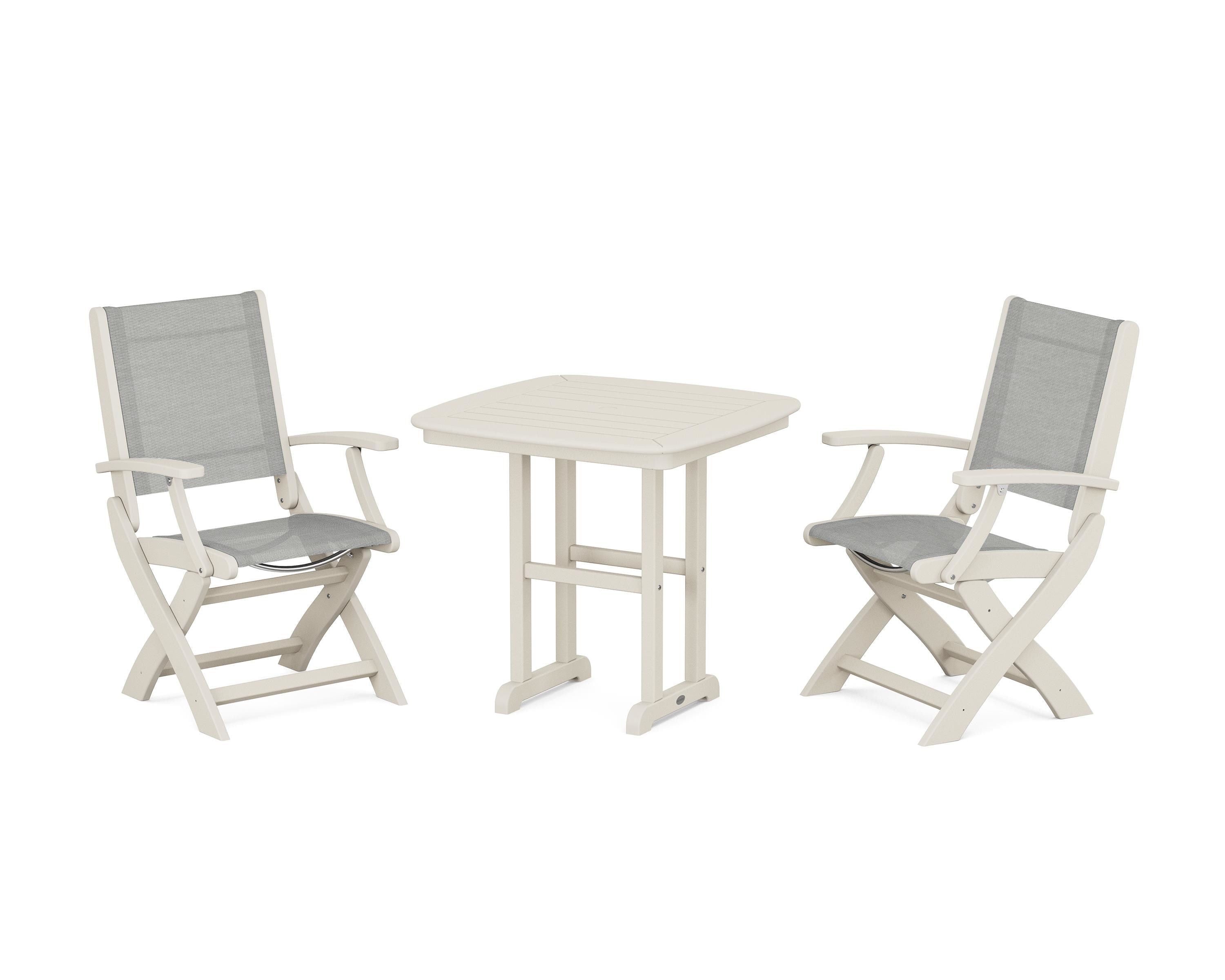 POLYWOOD® Coastal Folding Chair 3-Piece Dining Set in Sand / Metallic Sling