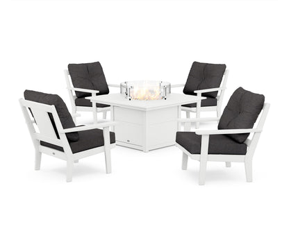 POLYWOOD® Prairie 5-Piece Deep Seating Set with Fire Pit Table in White / Ash Charcoal
