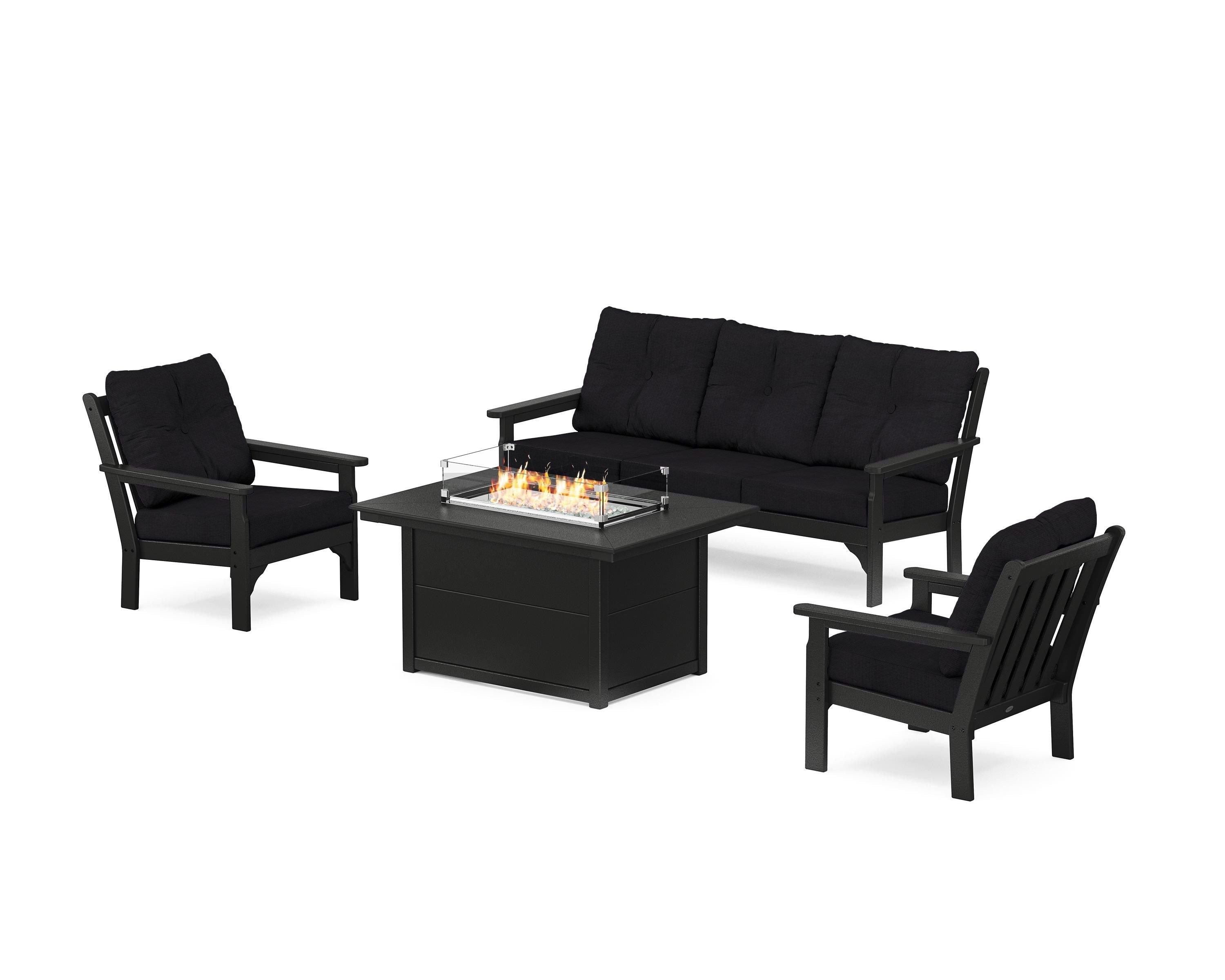 POLYWOOD® Vineyard Deep Seating Fire Pit Table Set in Black / Midnight Linen