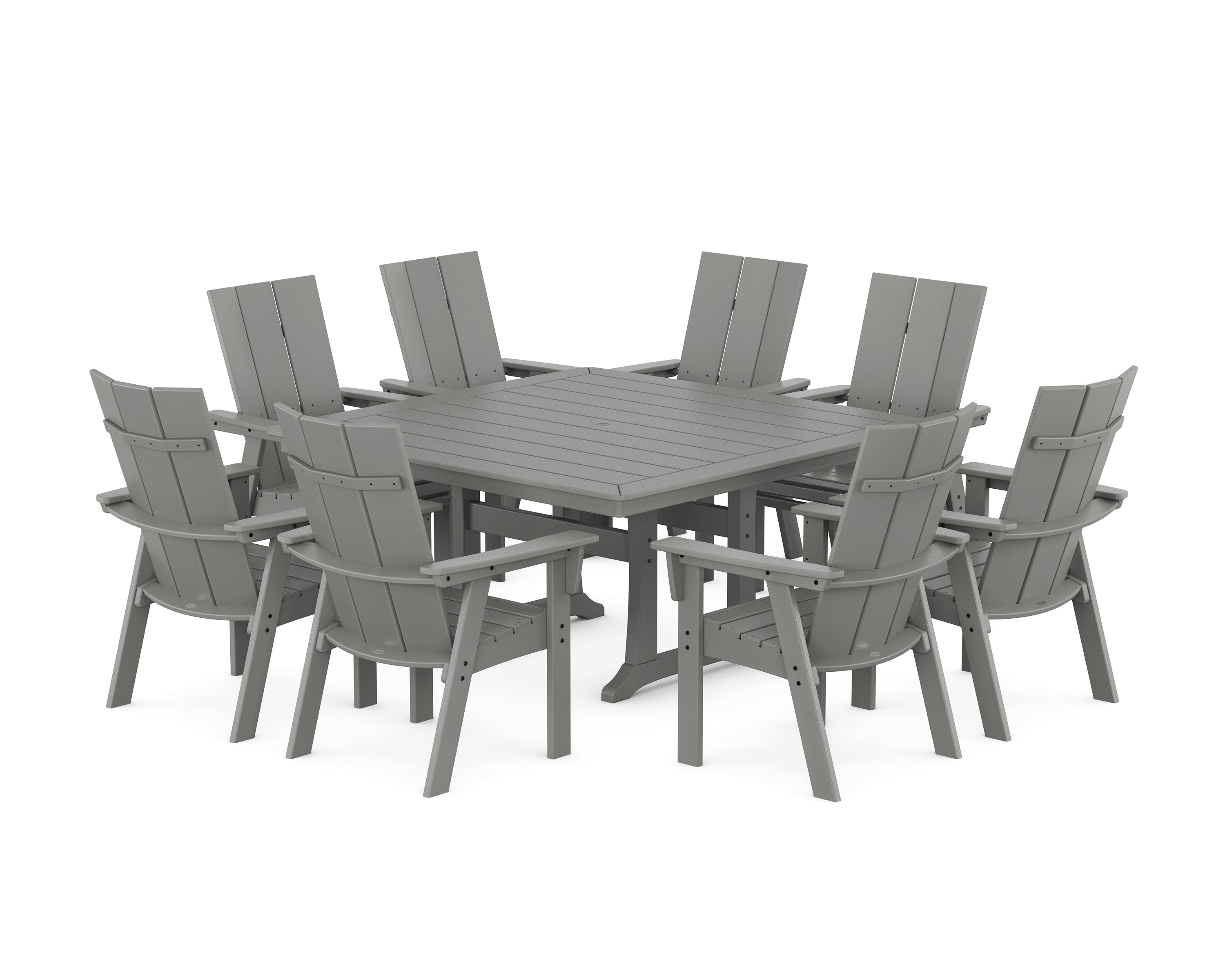 POLYWOOD® Modern Curveback Adirondack 9-Piece Square Dining Set with Trestle Legs in Slate Grey