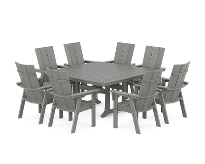 POLYWOOD® Modern Curveback Adirondack 9-Piece Square Dining Set with Trestle Legs in Slate Grey