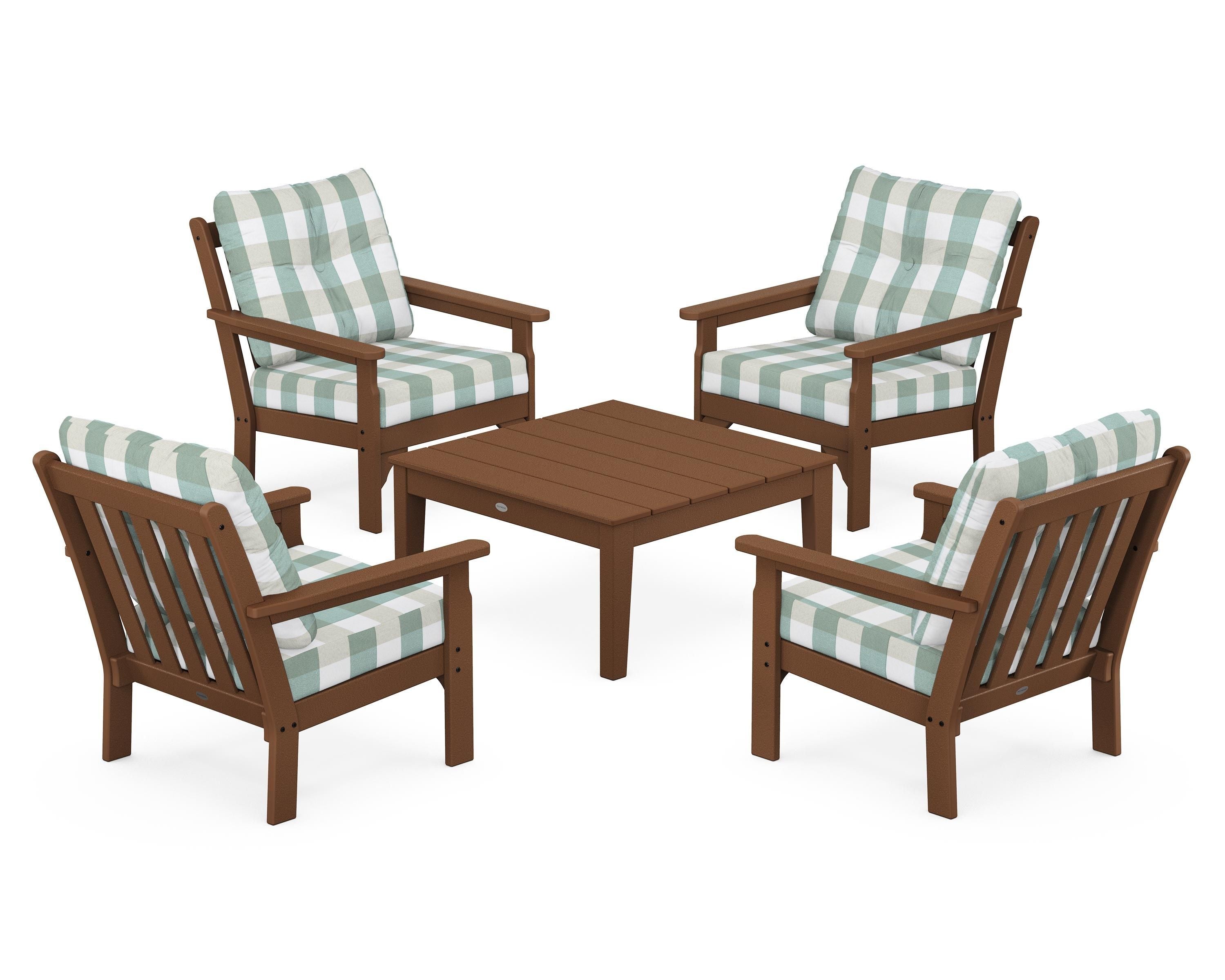 POLYWOOD® Vineyard 5-Piece Deep Seating Conversation Set in Teak / Buffalo Plaid Glacier Spa