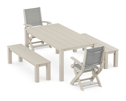 POLYWOOD® Coastal Folding Chair 5-Piece Parsons Dining Set with Benches in Sand / Metallic Sling