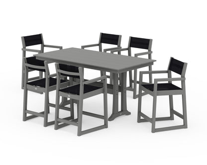 POLYWOOD® EDGE Sling Arm Chair 7-Piece Farmhouse Counter Set with Trestle Legs in Slate Grey / Black Sling