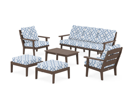 POLYWOOD® Lakeside 6-Piece Lounge Sofa Set in Mahogany / Trellis Sky Blue