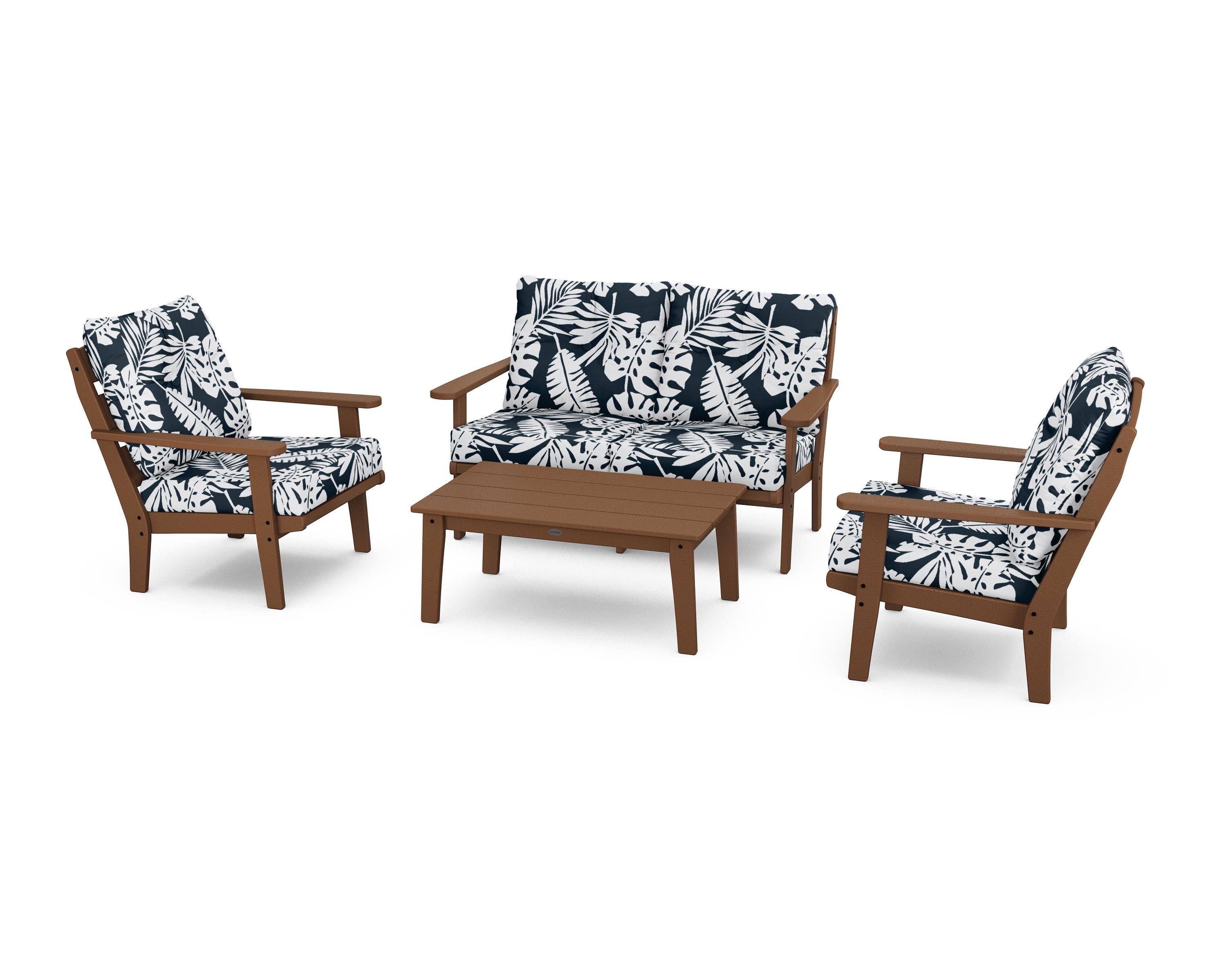 POLYWOOD® Lakeside 4-Piece Deep Seating Set in Teak / Leaf Marine Indigo