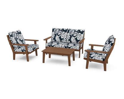 POLYWOOD® Lakeside 4-Piece Deep Seating Set in Teak / Leaf Marine Indigo