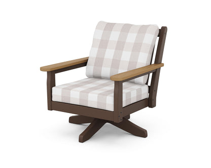 POLYWOOD® Chippendale Deep Seating Swivel Chair in Mahogany / Natural / Buffalo Plaid Dune Burlap