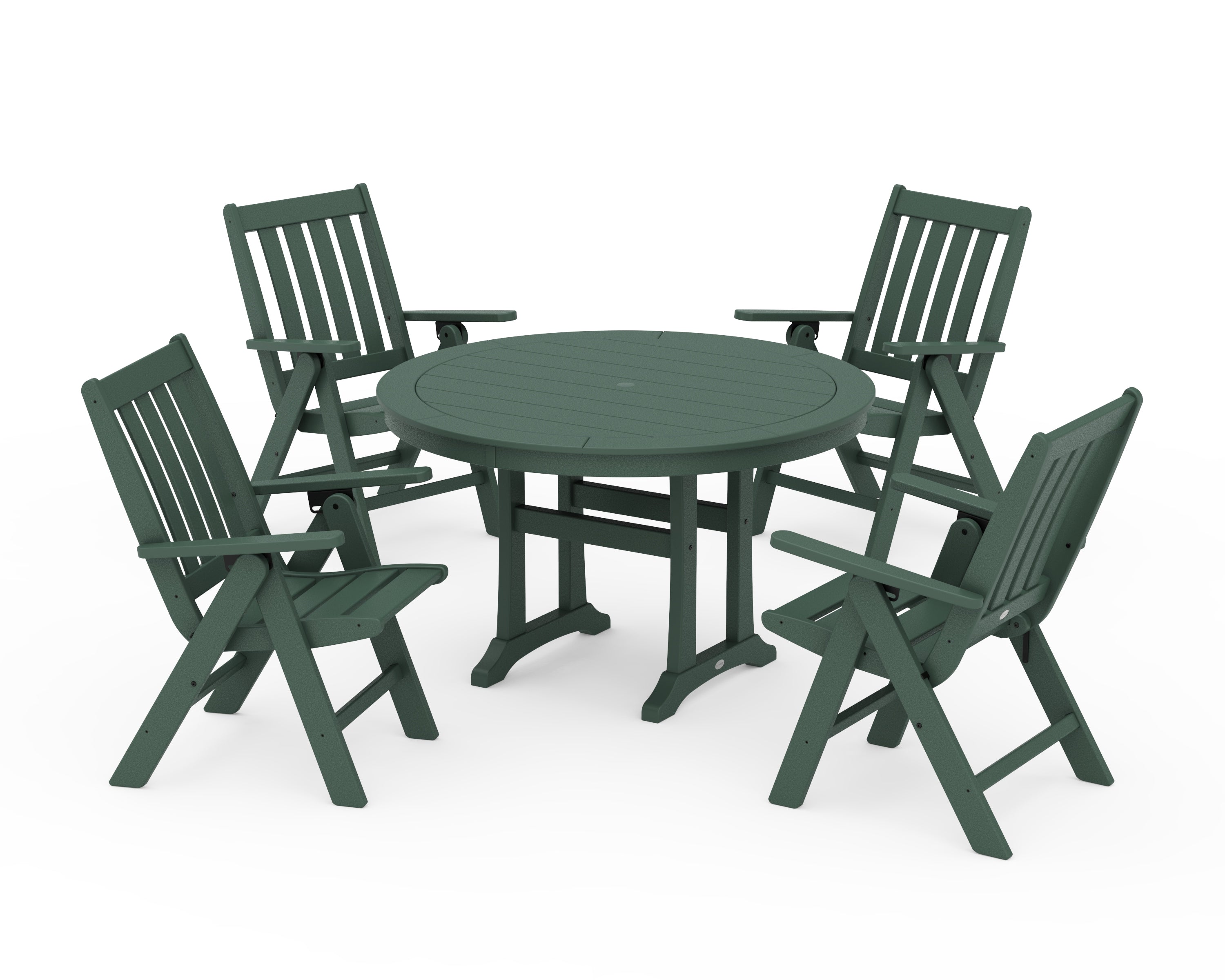 POLYWOOD® Vineyard Folding Chair 5-Piece Round Dining Set with Trestle Legs in Green