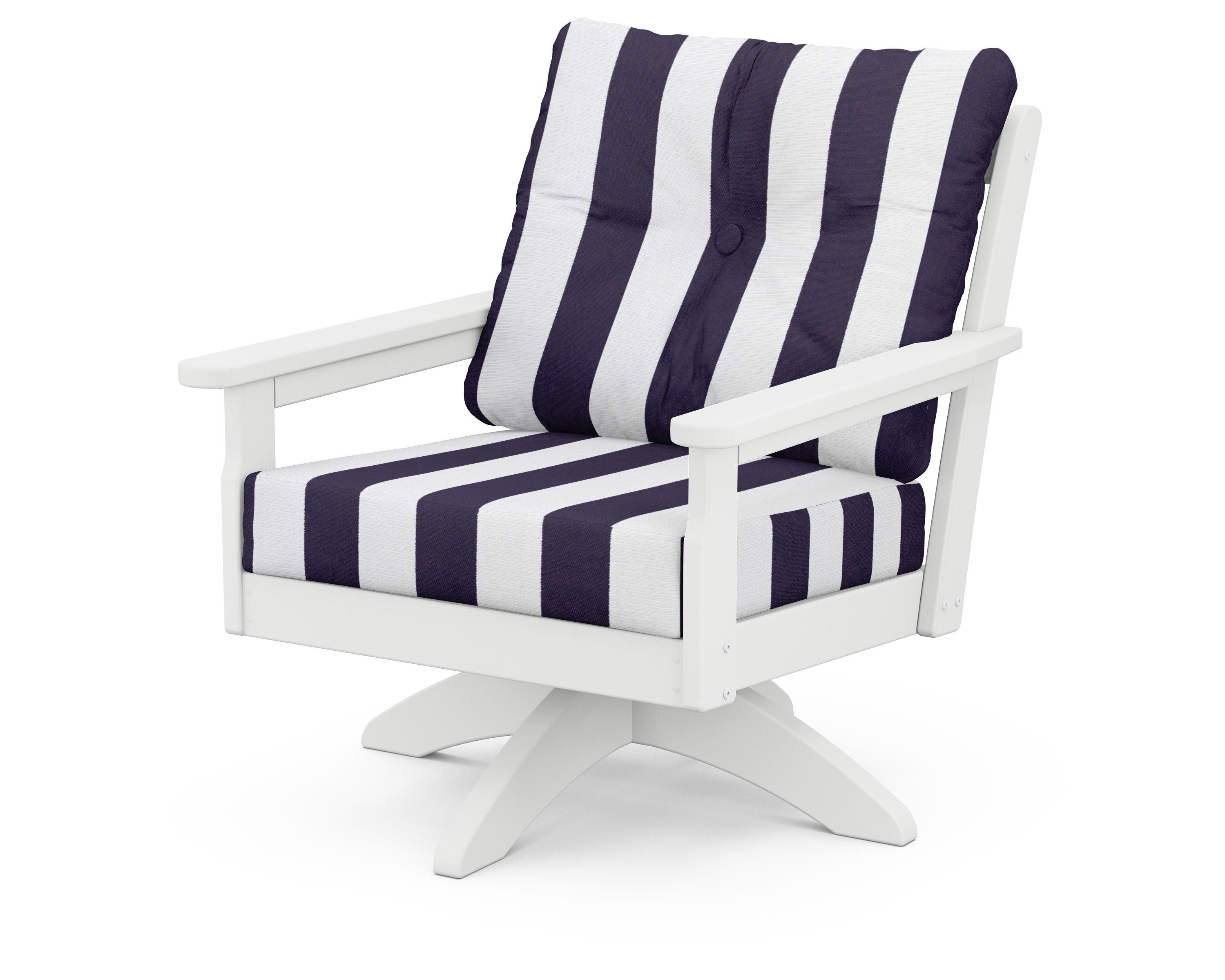 POLYWOOD® Vineyard Deep Seating Swivel Chair in White / Cabana Stripe Navy