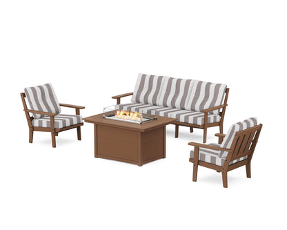 POLYWOOD® Oxford Deep Seating Fire Pit Table Set in Teak / Cabana Stripe Grey Mist