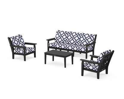 POLYWOOD® Chippendale 4-Piece Deep Seating Set with Sofa in Black / Trellis Navy