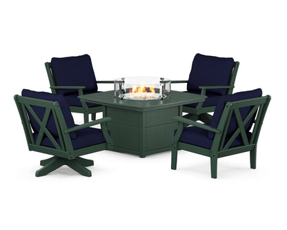 POLYWOOD® Braxton 5-Piece Deep Seating Set with Fire Table in Green / Navy