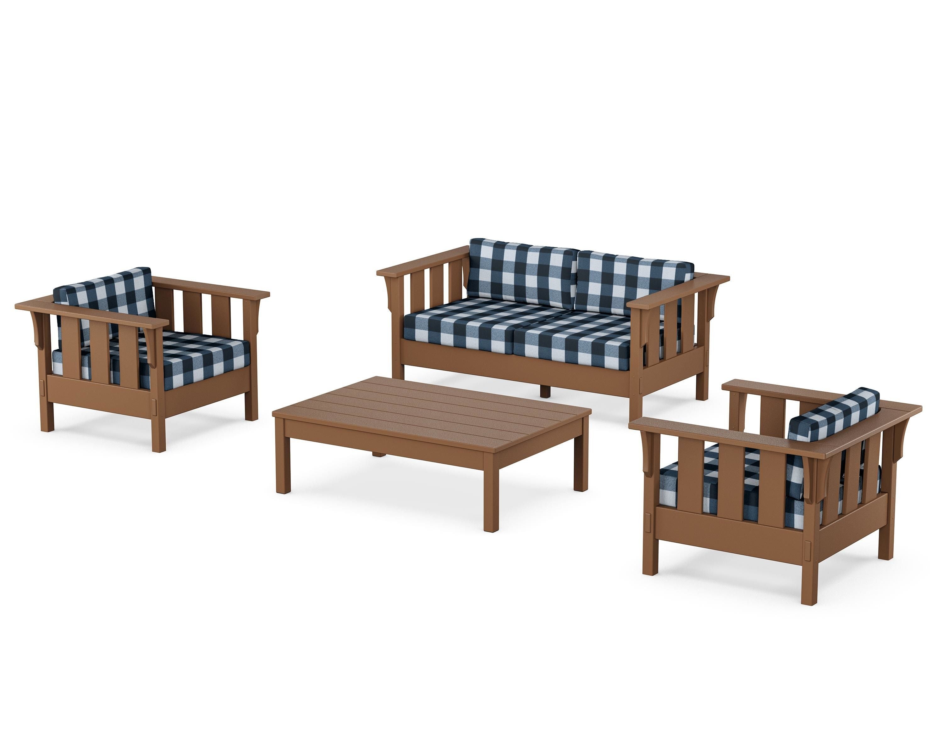 Martha Stewart by POLYWOOD® Acadia 4-Piece Deep Seating Set with Loveseat in Teak / Buffalo Plaid Marine Indigo