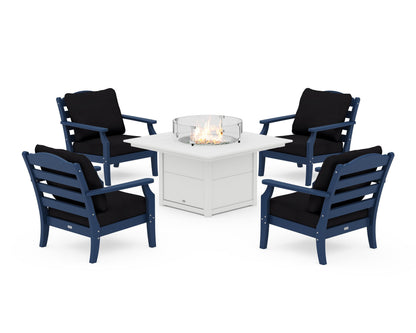 Draper James™ by  POLYWOOD® Savannah 5-Piece Deep Seating Set with Fire Pit Table in Navy / Midnight Linen