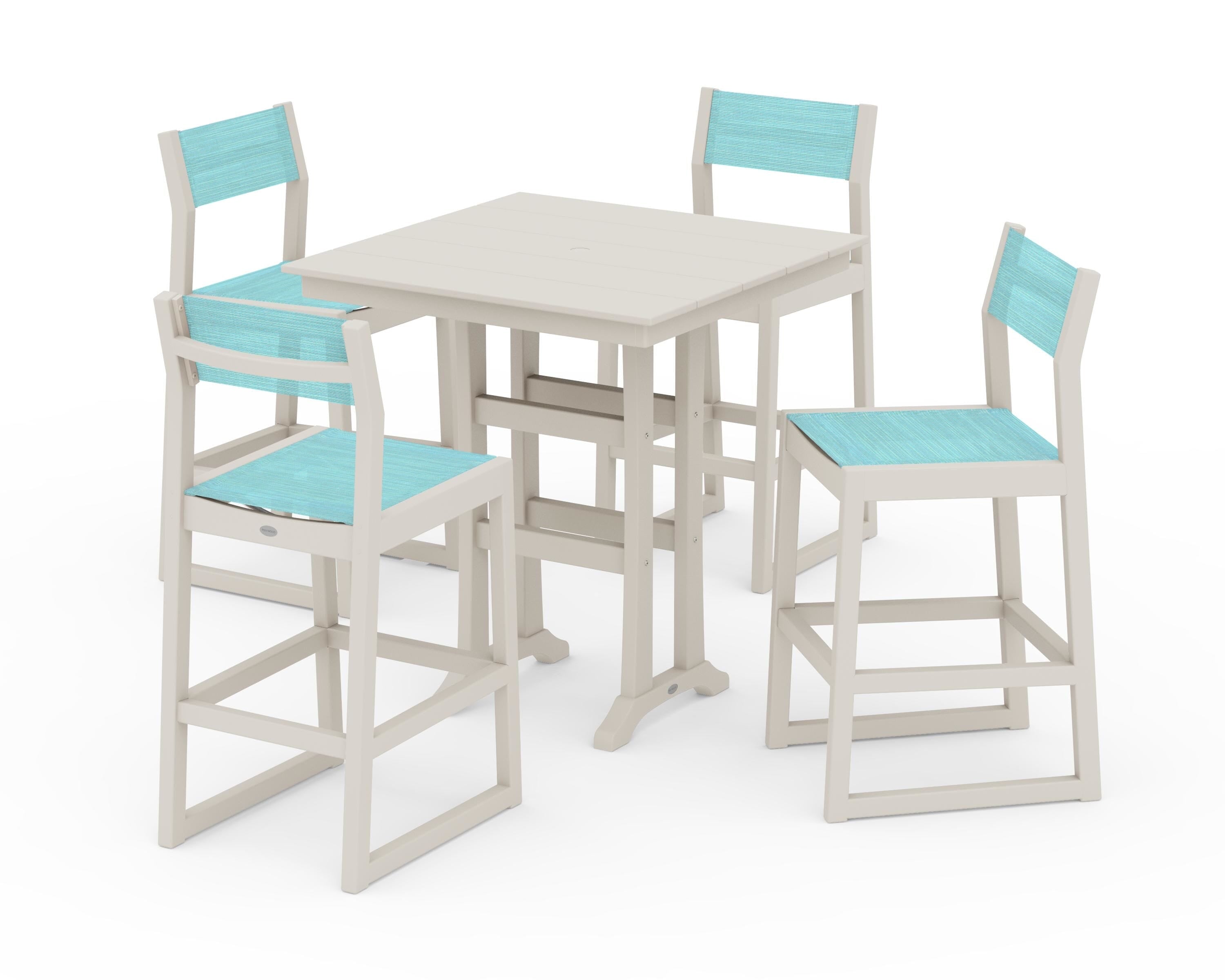 POLYWOOD® EDGE Sling Arm Chair 5-Piece Farmhouse Bar Set with Trestle Legs in Sand / Dupioni Aquamarine Sling