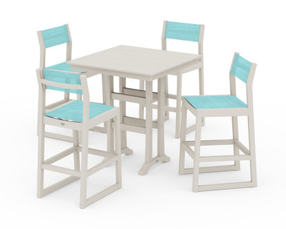 POLYWOOD® EDGE Sling Arm Chair 5-Piece Farmhouse Bar Set with Trestle Legs in Sand / Dupioni Aquamarine Sling