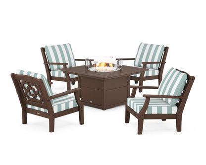 Martha Stewart by POLYWOOD® Chinoiserie 5-Piece Deep Seating Set with Fire Pit Table in Mahogany / Cabana Stripe Glacier Spa