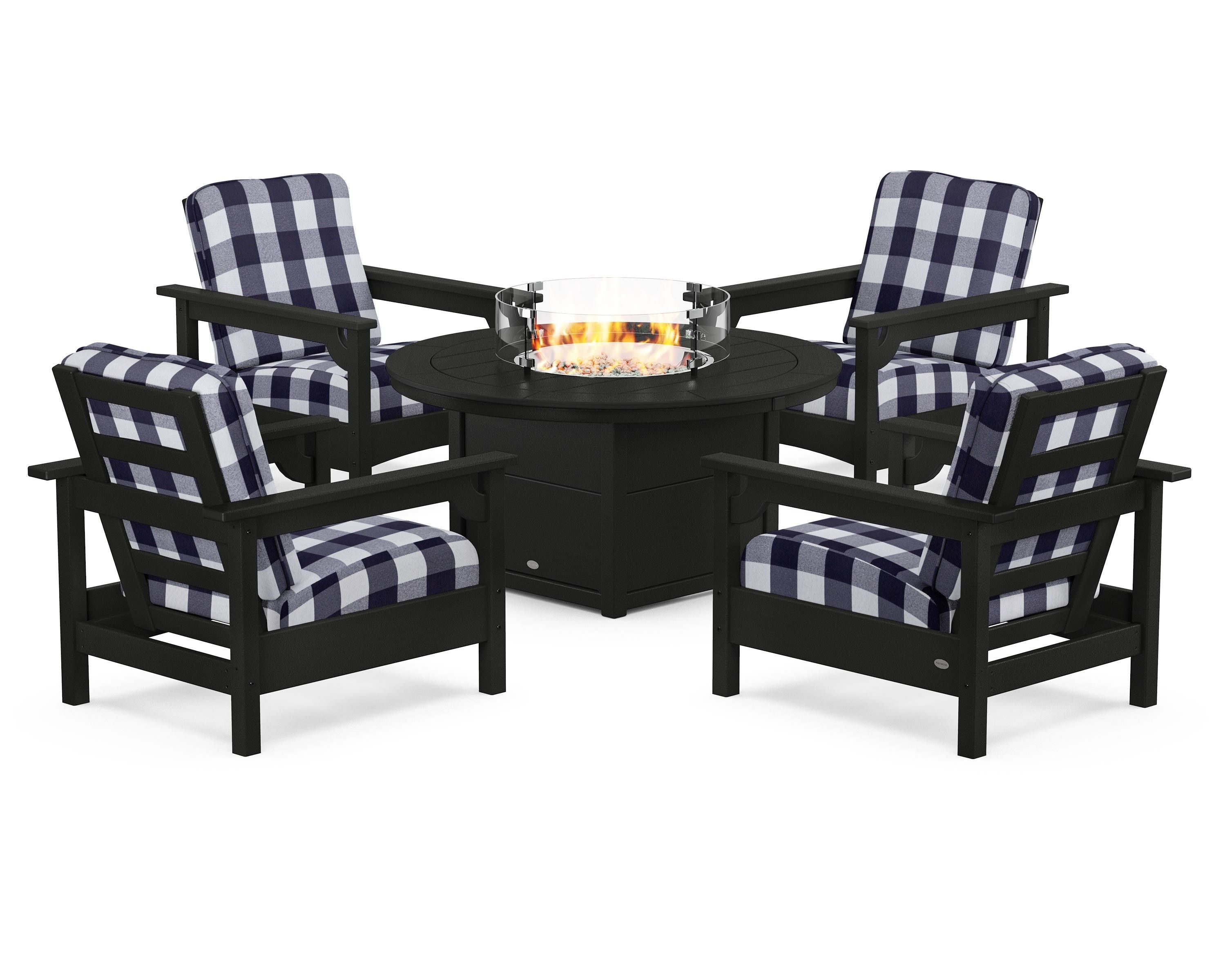 POLYWOOD® Club 5-Piece Conversation Set with Fire Pit Table in Black / Buffalo Plaid Navy