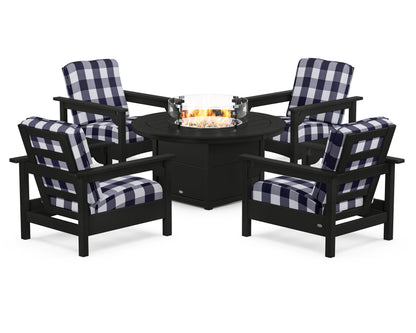 POLYWOOD® Club 5-Piece Conversation Set with Fire Pit Table in Black / Buffalo Plaid Navy