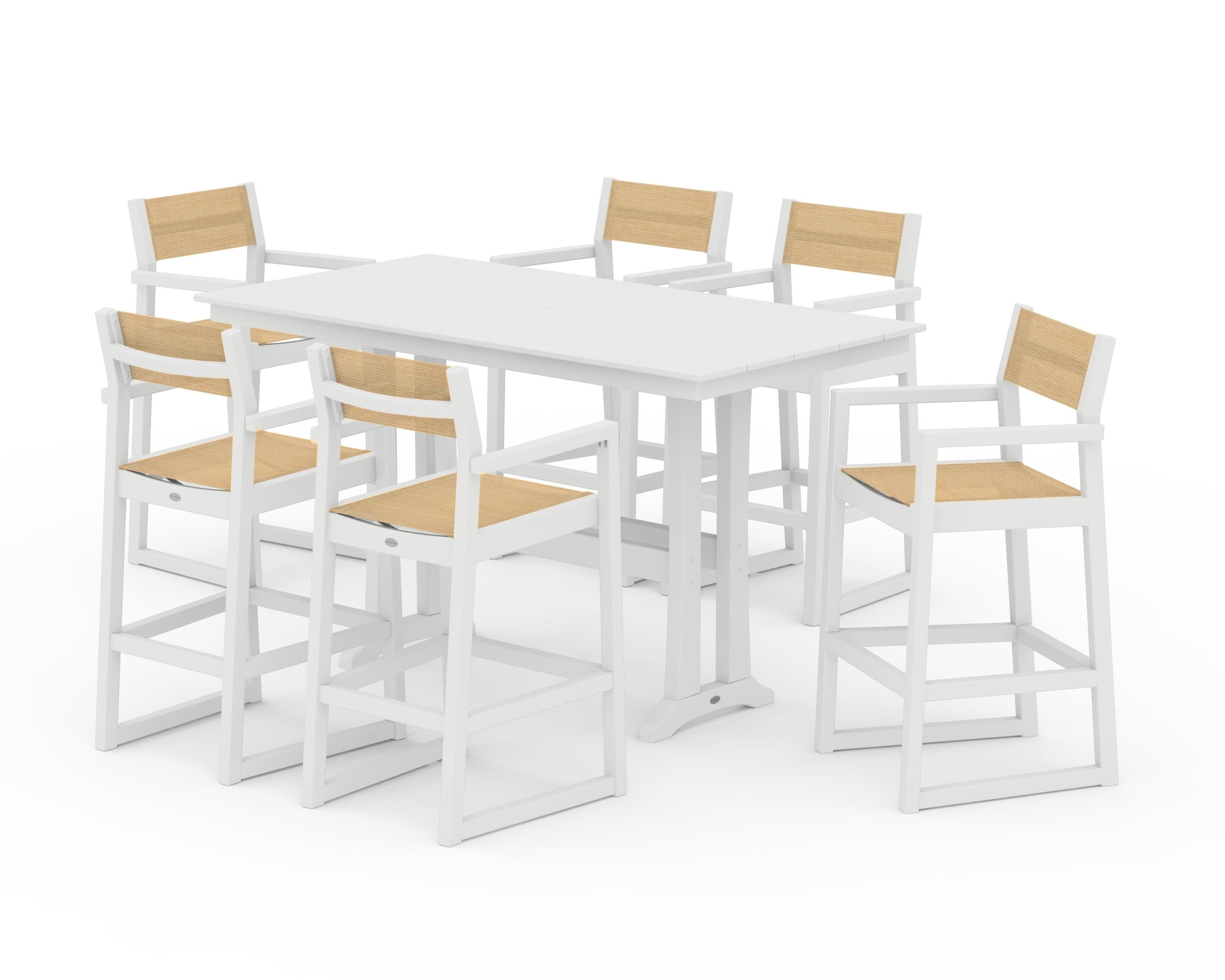 POLYWOOD® EDGE Sling Arm Chair 7-Piece Farmhouse Bar Set with Trestle Legs in White / Dupioni Apricot Sling