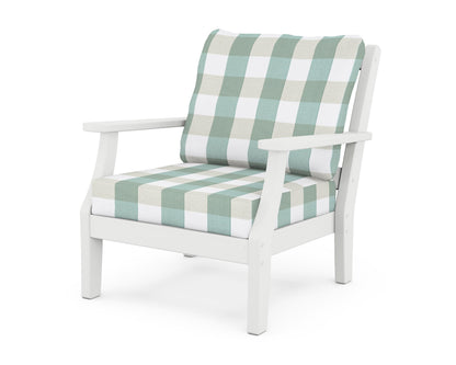 Martha Stewart by POLYWOOD® Chinoiserie Deep Seating Chair in White / Buffalo Plaid Glacier Spa