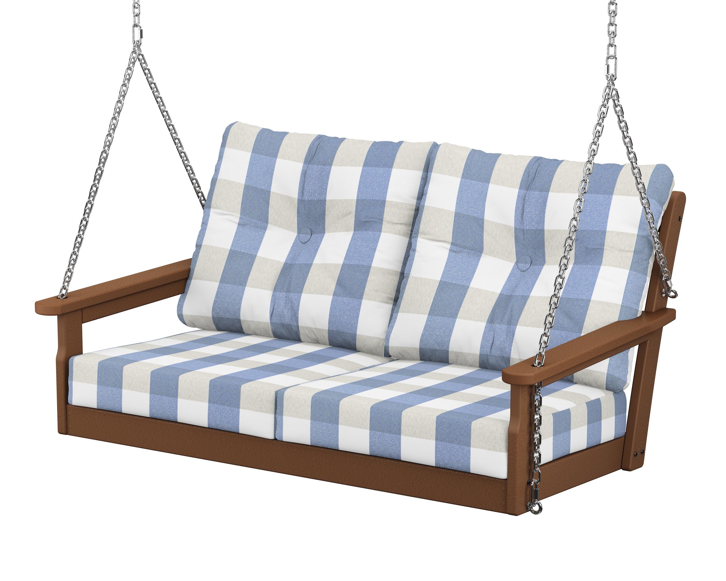 POLYWOOD® Vineyard Deep Seating Swing in Teak / Buffalo Plaid Sky Blue