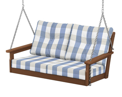 POLYWOOD® Vineyard Deep Seating Swing in Teak / Buffalo Plaid Sky Blue