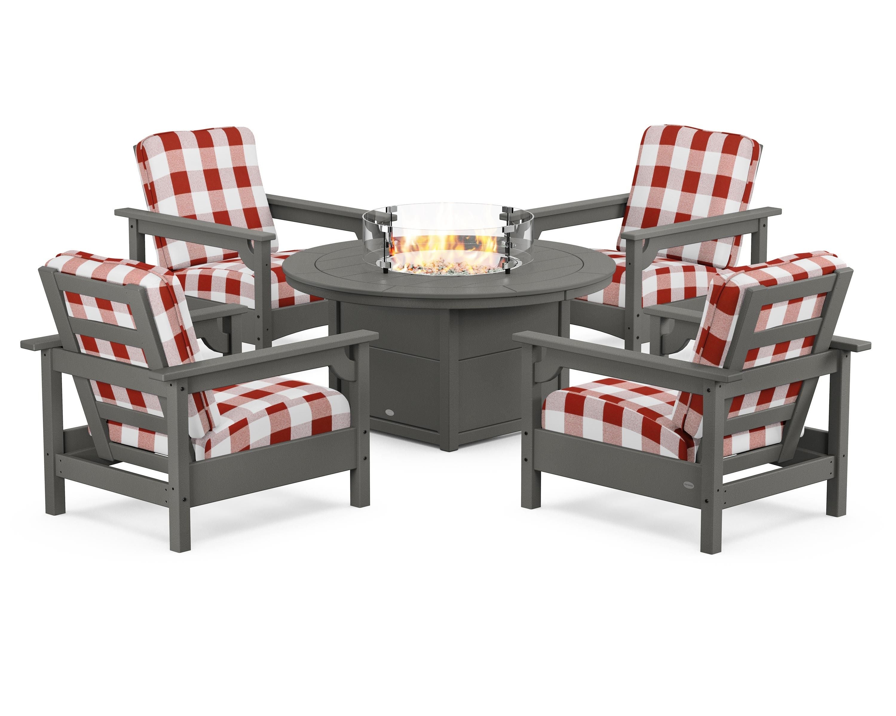 POLYWOOD® Club 5-Piece Conversation Set with Fire Pit Table in Slate Grey / Buffalo Plaid Crimson