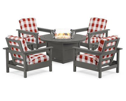 POLYWOOD® Club 5-Piece Conversation Set with Fire Pit Table in Slate Grey / Buffalo Plaid Crimson
