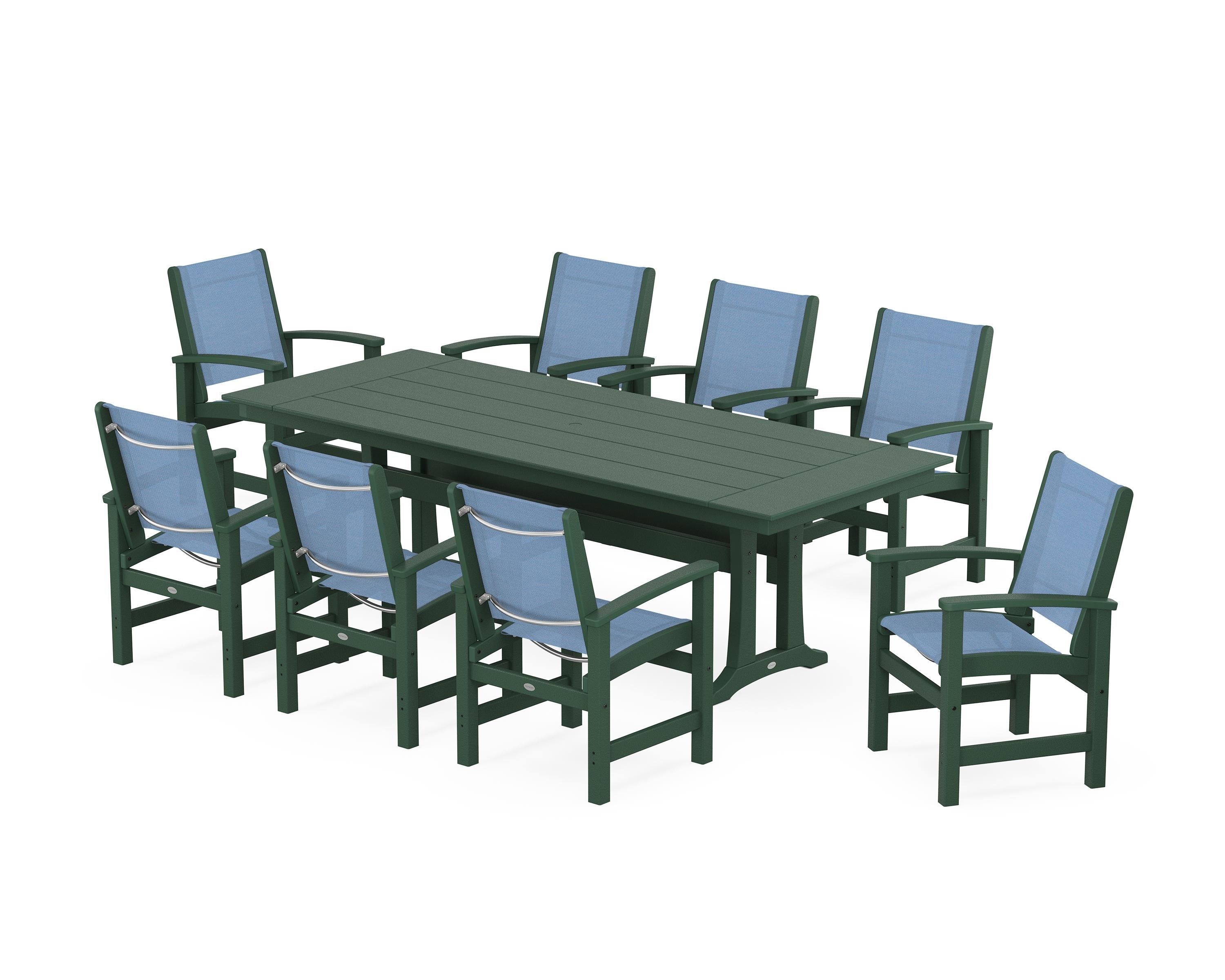 POLYWOOD® Coastal 9-Piece Farmhouse Dining Set with Trestle Legs in Green / Poolside Sling