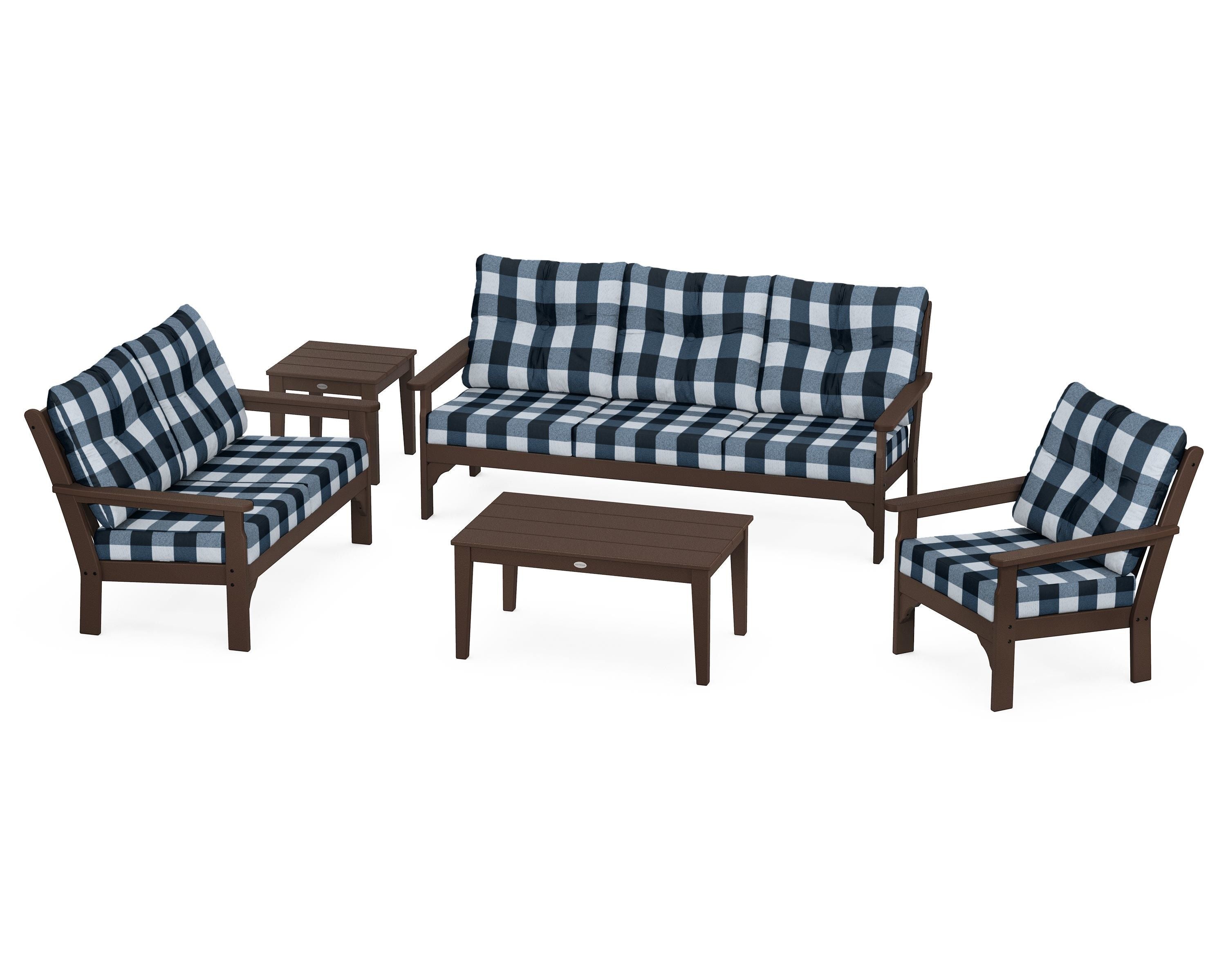 POLYWOOD® Vineyard 5 Piece Deep Seating Set in Mahogany / Buffalo Plaid Marine Indigo