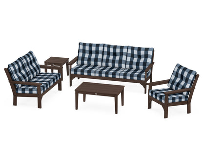 POLYWOOD® Vineyard 5 Piece Deep Seating Set in Mahogany / Buffalo Plaid Marine Indigo
