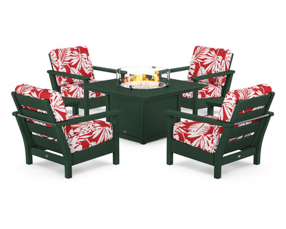 POLYWOOD® Harbour 5-Piece Conversation Set with Fire Pit Table in Green / Leaf Crimson