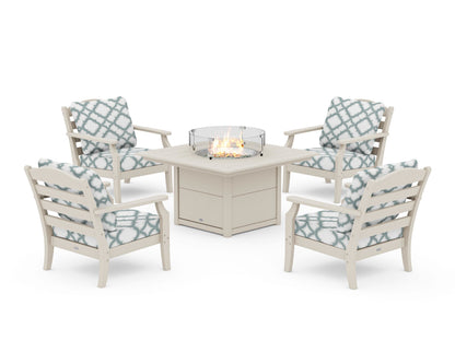 Draper James™ by  POLYWOOD® Savannah 5-Piece Deep Seating Set with Fire Pit Table in Sand / Trellis Glacier Spa