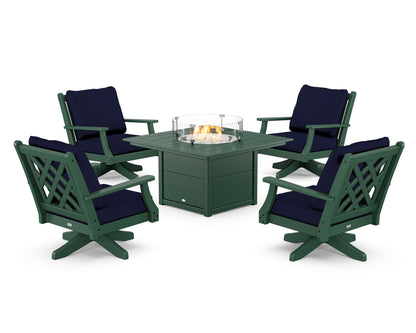 Country Living Wovendale 5-Piece Deep Seating Swivel Conversation Set with Fire Pit Table in Green / Navy