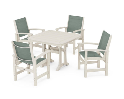 POLYWOOD® Coastal 5-Piece Dining Set with Trestle Legs in Sand / Dupioni Sea Mist Sling