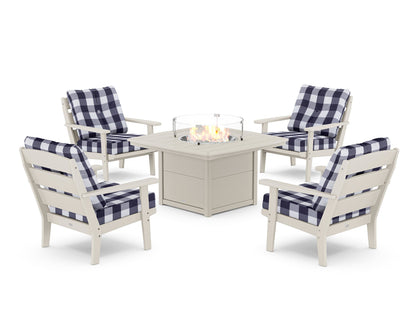 POLYWOOD® Lakeside 5-Piece Deep Seating Set with Nautical Fire Pit Table in Sand / Buffalo Plaid Navy