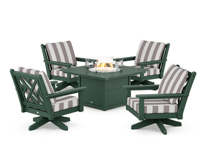 POLYWOOD® Chippendale 5-Piece Deep Seating Swivel Conversation Set with Fire Pit Table in Green / Cabana Stripe Grey Mist