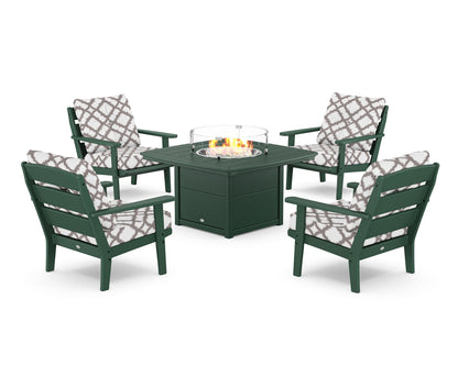 POLYWOOD® Lakeside 5-Piece Deep Seating Set with Nautical Fire Pit Table in Green / Trellis Grey Mist