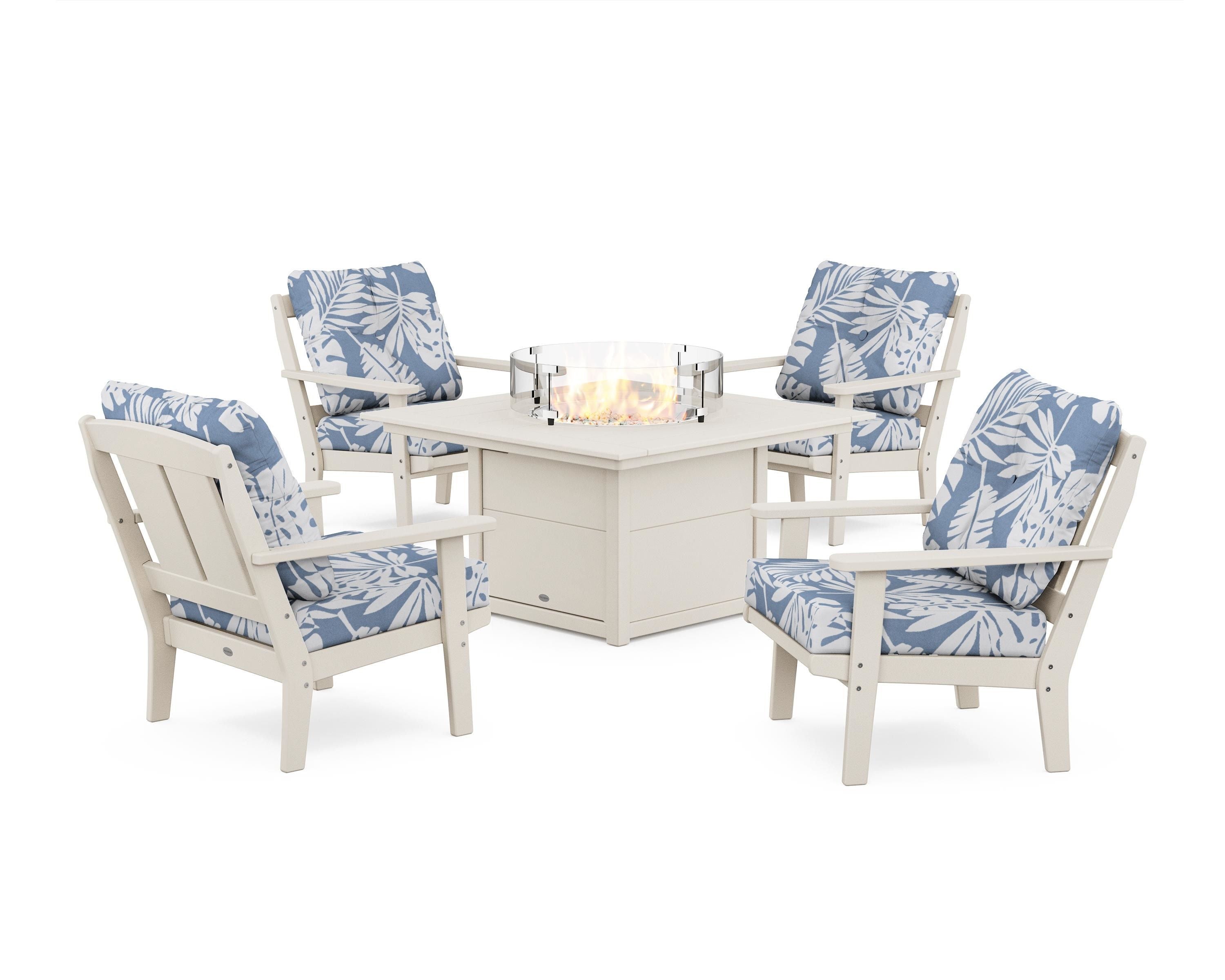 POLYWOOD® Mission 5-Piece Deep Seating Set with Fire Pit Table in Sand / Leaf Sky Blue