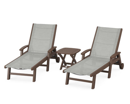 POLYWOOD® Coastal 3-Piece Wheeled Chaise Set in Mahogany / Metallic Sling