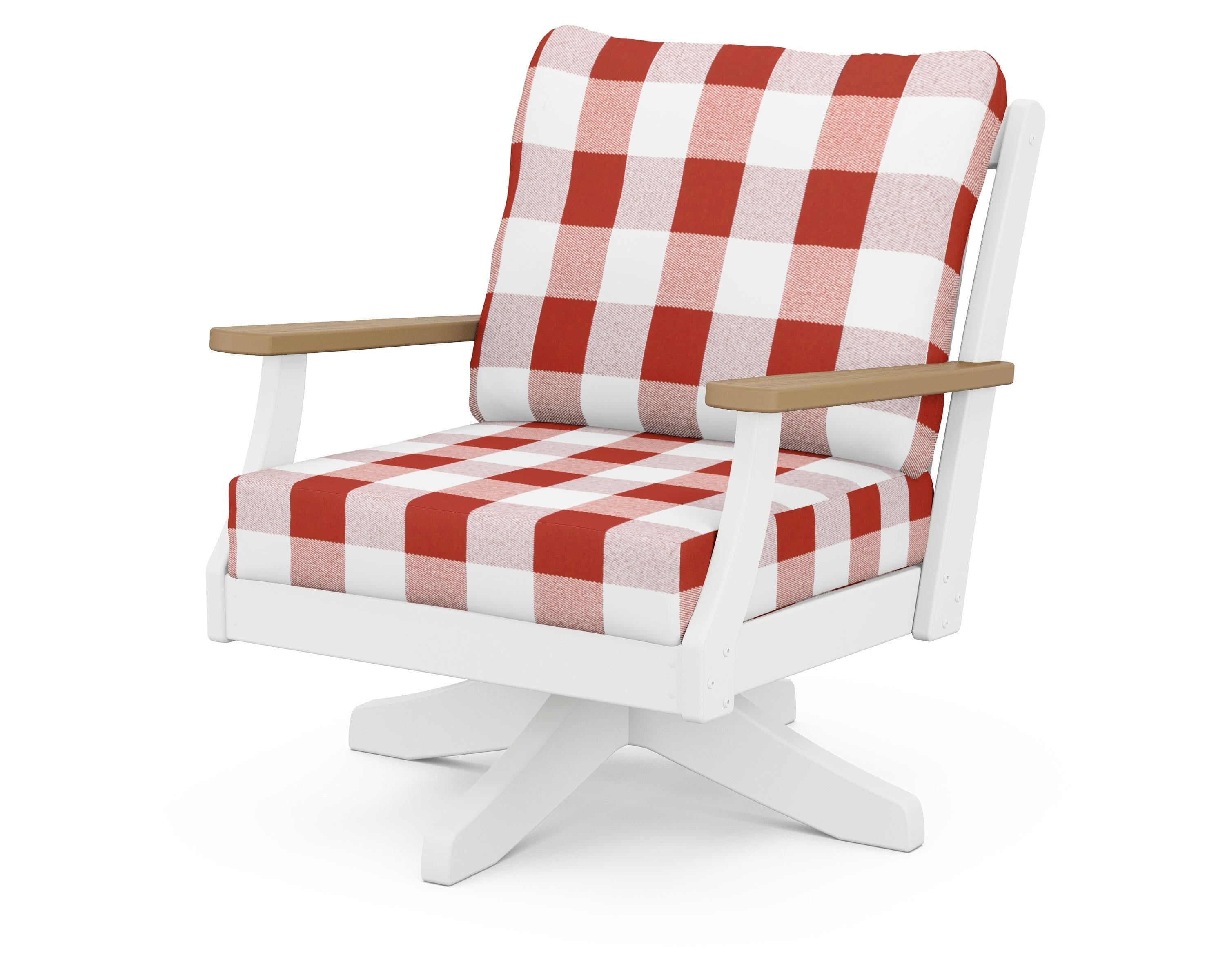 POLYWOOD® Braxton Deep Seating Swivel Chair in White / Natural / Buffalo Plaid Crimson