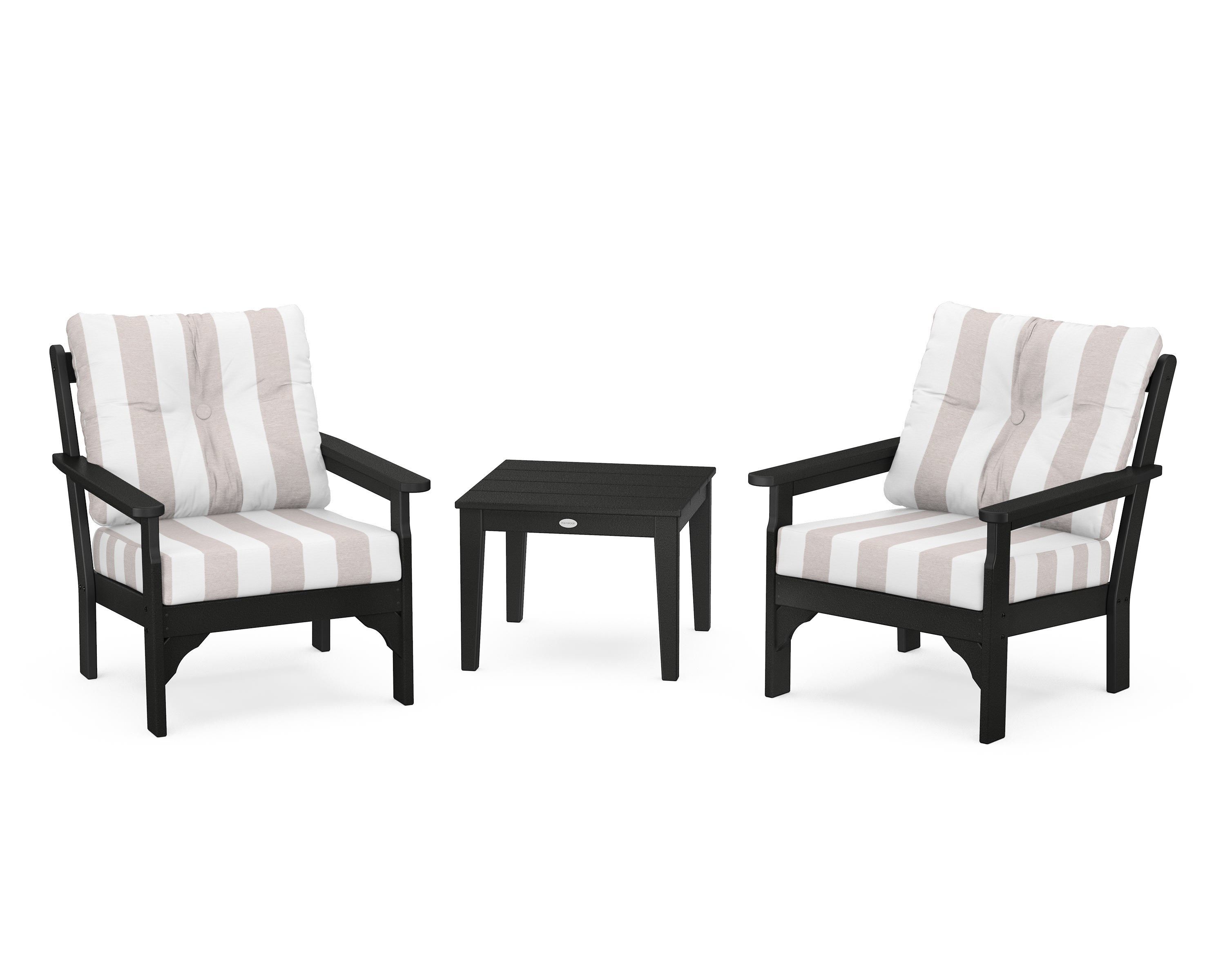 POLYWOOD® Vineyard 3-Piece Deep Seating Set in Black / Cabana Stripe Dune Burlap