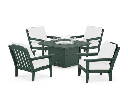 Country Living Cottage 5-Piece Deep Seating Set with Fire Pit Table in Green / Natural