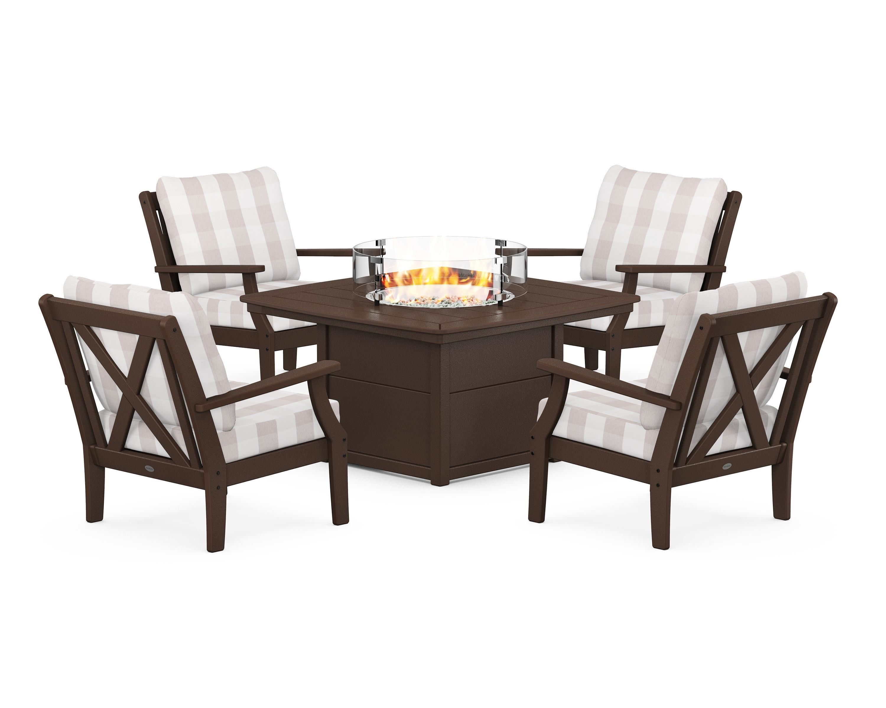 POLYWOOD® Braxton 5-Piece Deep Seating Conversation Set with Fire Pit Table in Mahogany / Buffalo Plaid Dune Burlap