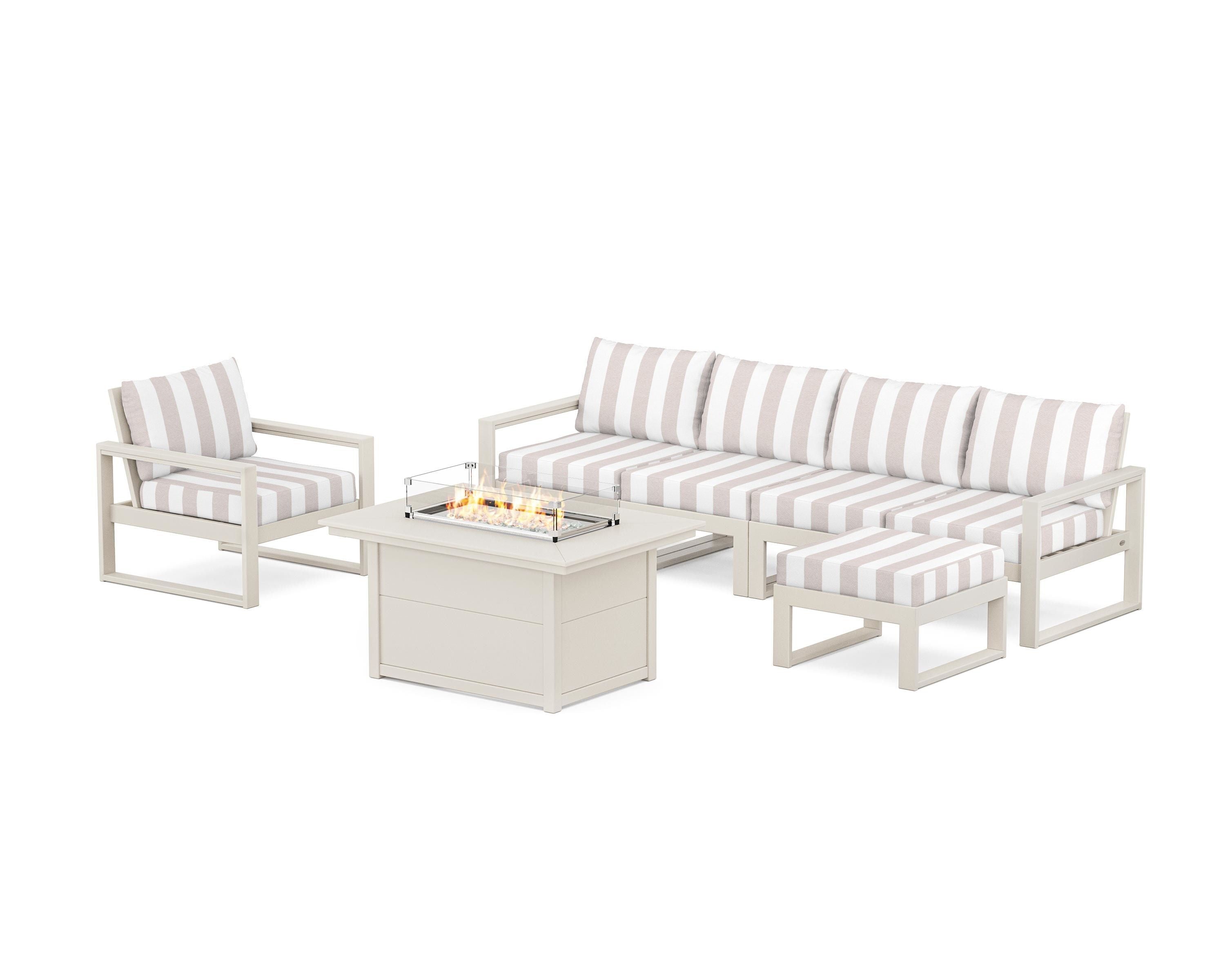 POLYWOOD® EDGE Sectional Lounge and Fire Pit Set in Sand / Cabana Stripe Dune Burlap