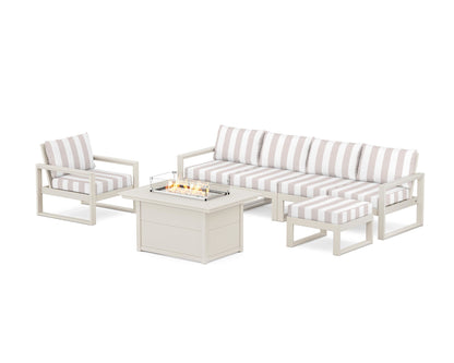 POLYWOOD® EDGE Sectional Lounge and Fire Pit Set in Sand / Cabana Stripe Dune Burlap